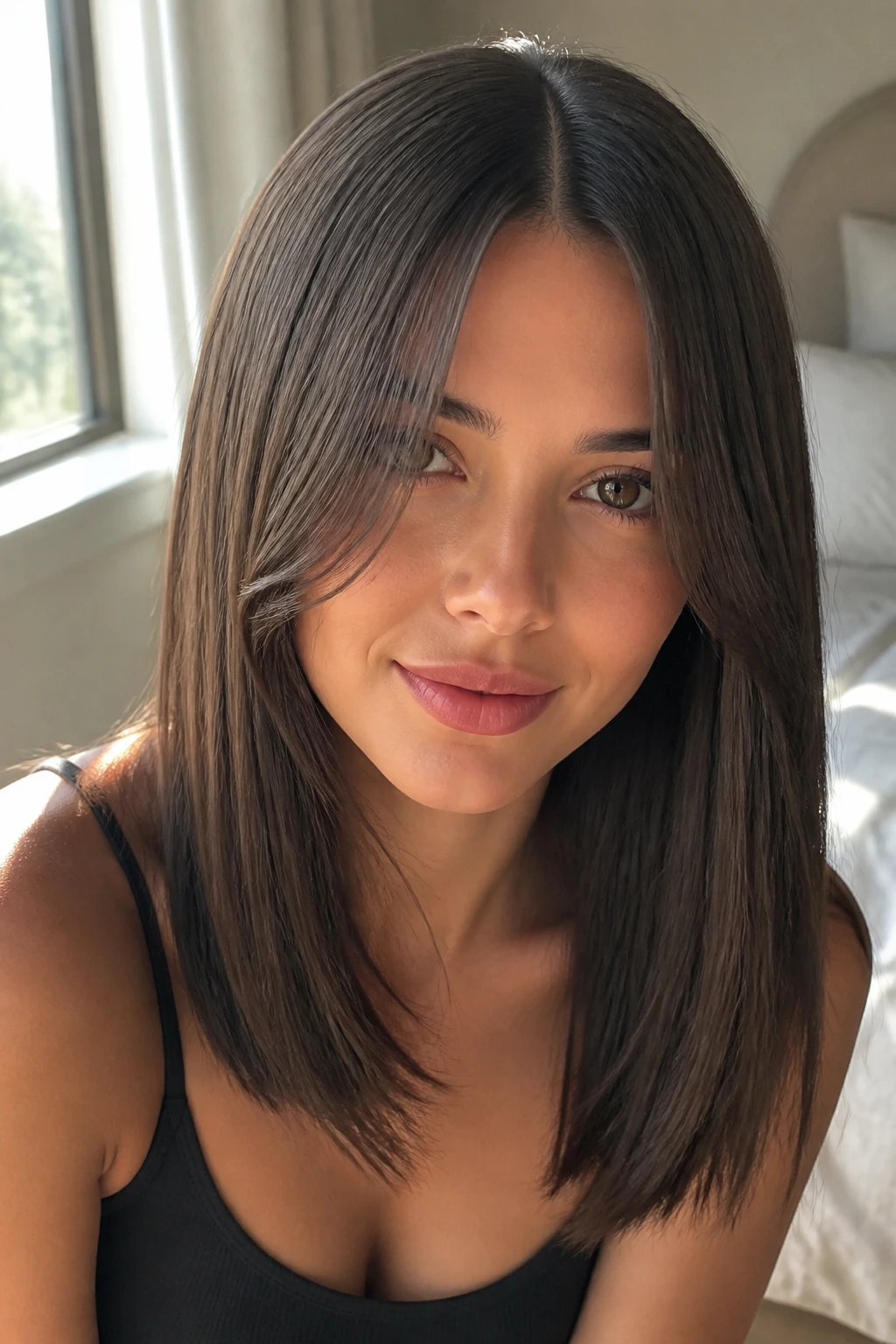 Close-up of a real woman with a center-part sleek cut and curtain bangs in warm window light.