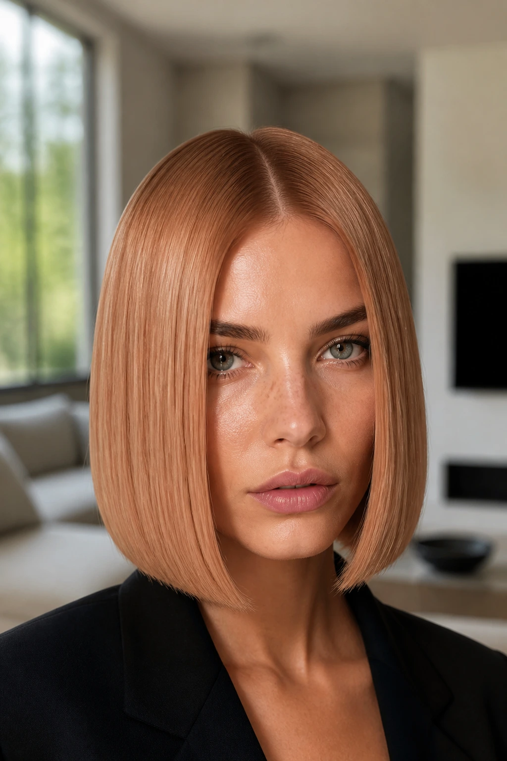 Portrait of a real person with a mirror-sleek center-part bob in a bright living room.