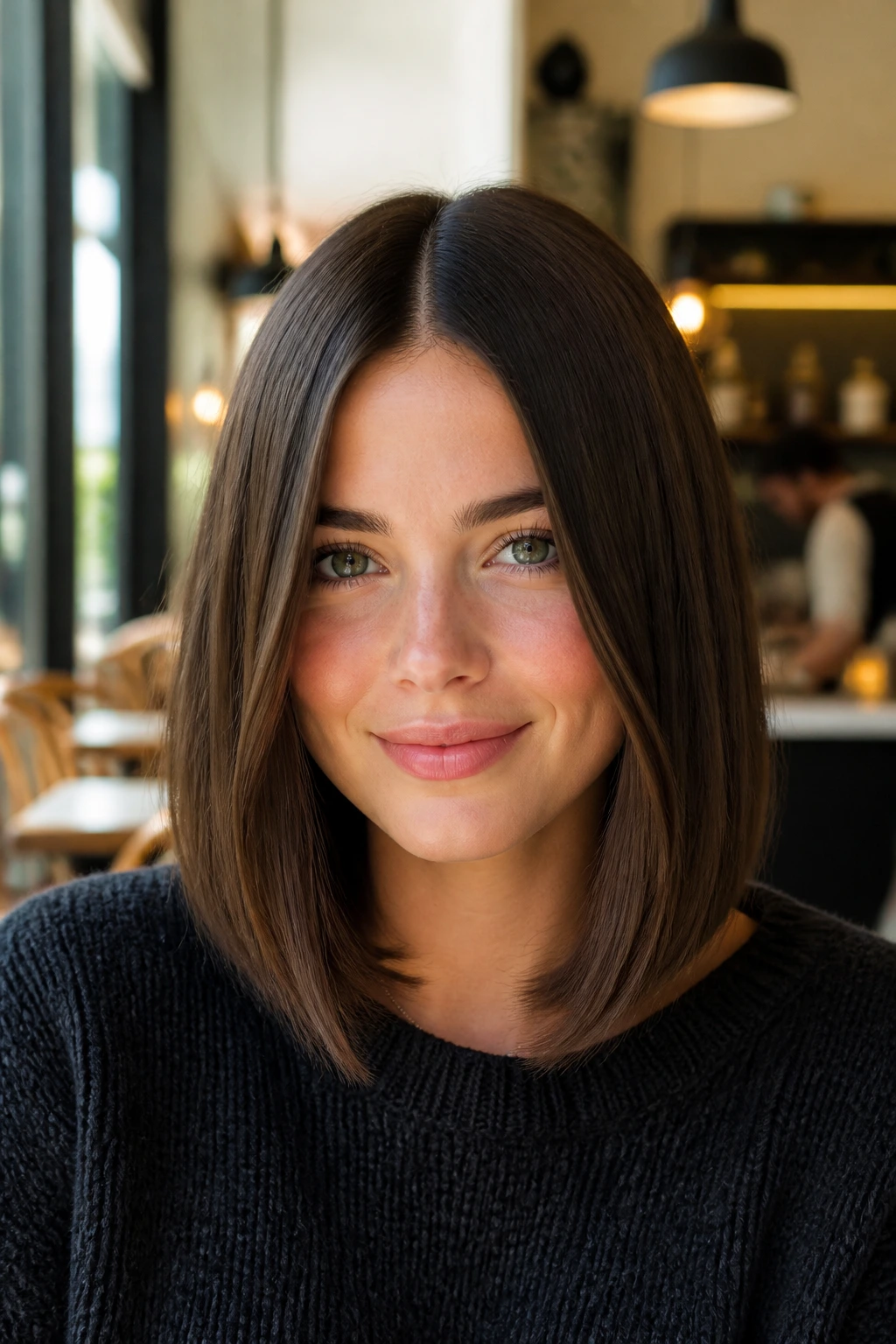 Real woman with center-part sleek lob in bright cafe light