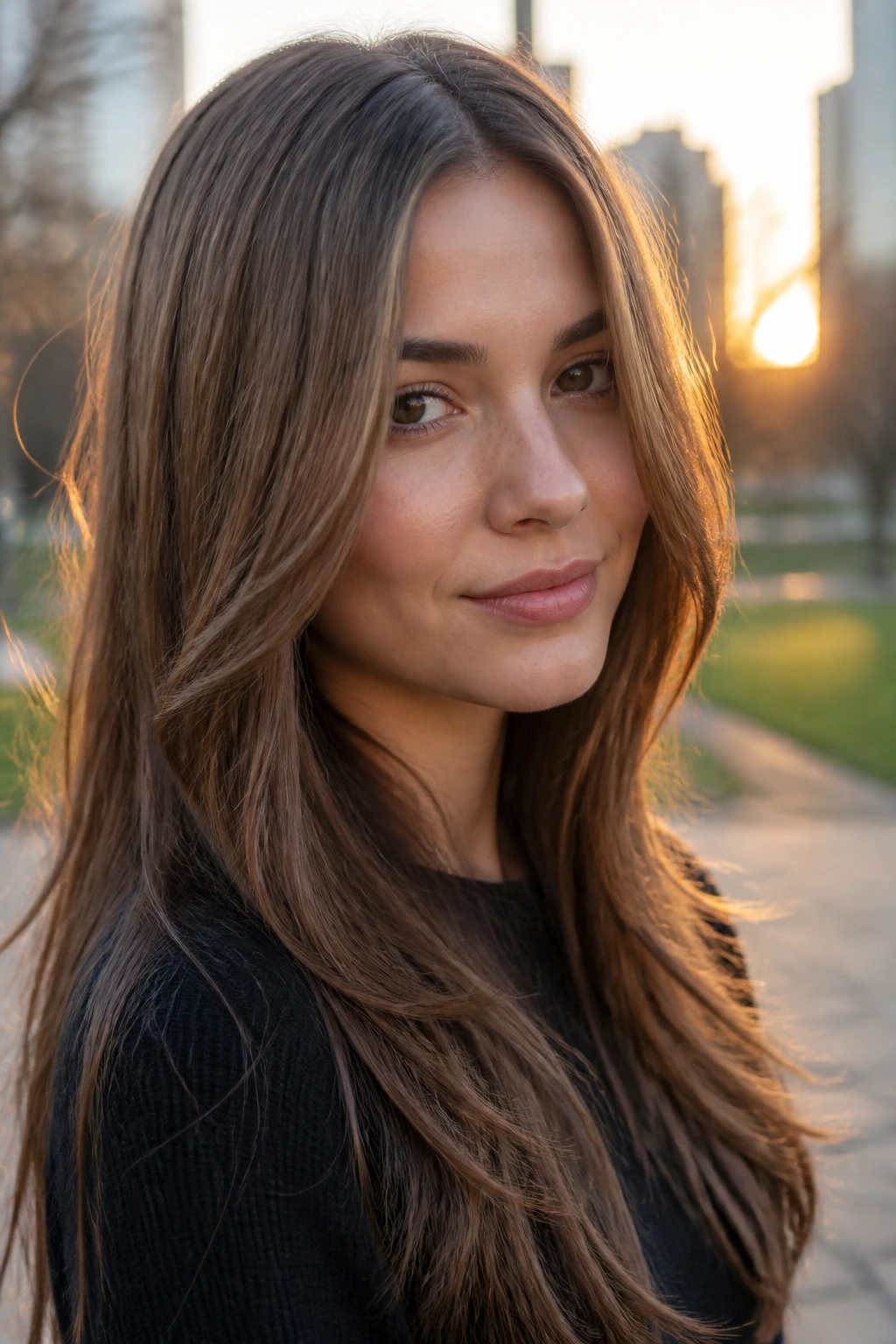 Close-up portrait of a real woman with center-part sliced layers and long face-framing pieces