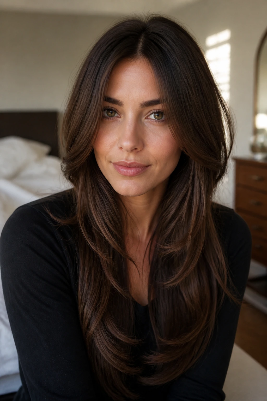 Portrait of a woman with center-parted long hair and soft face-framing layers