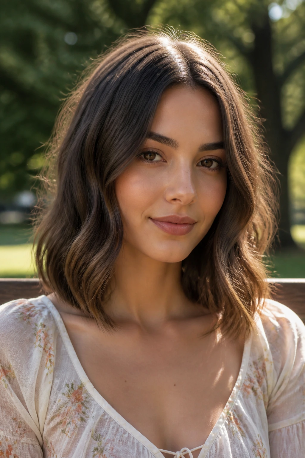 Close-up portrait showing center-part soft wave lob on a real person