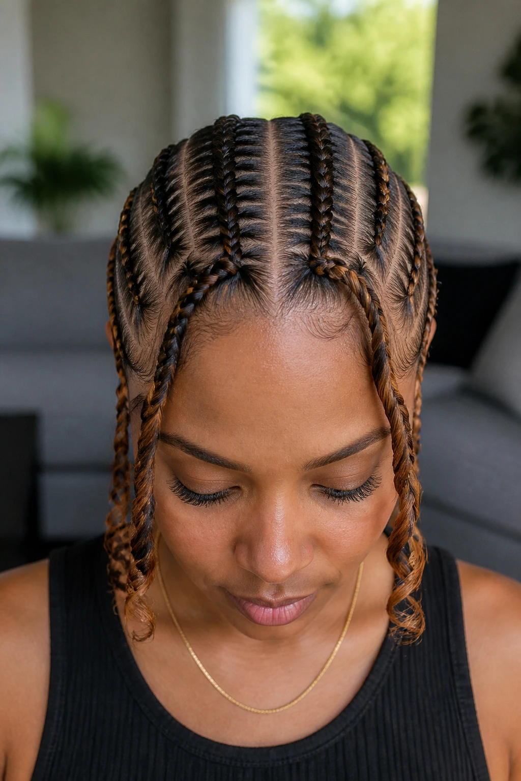 Real person with center-part stitch cornrows and caramel panels