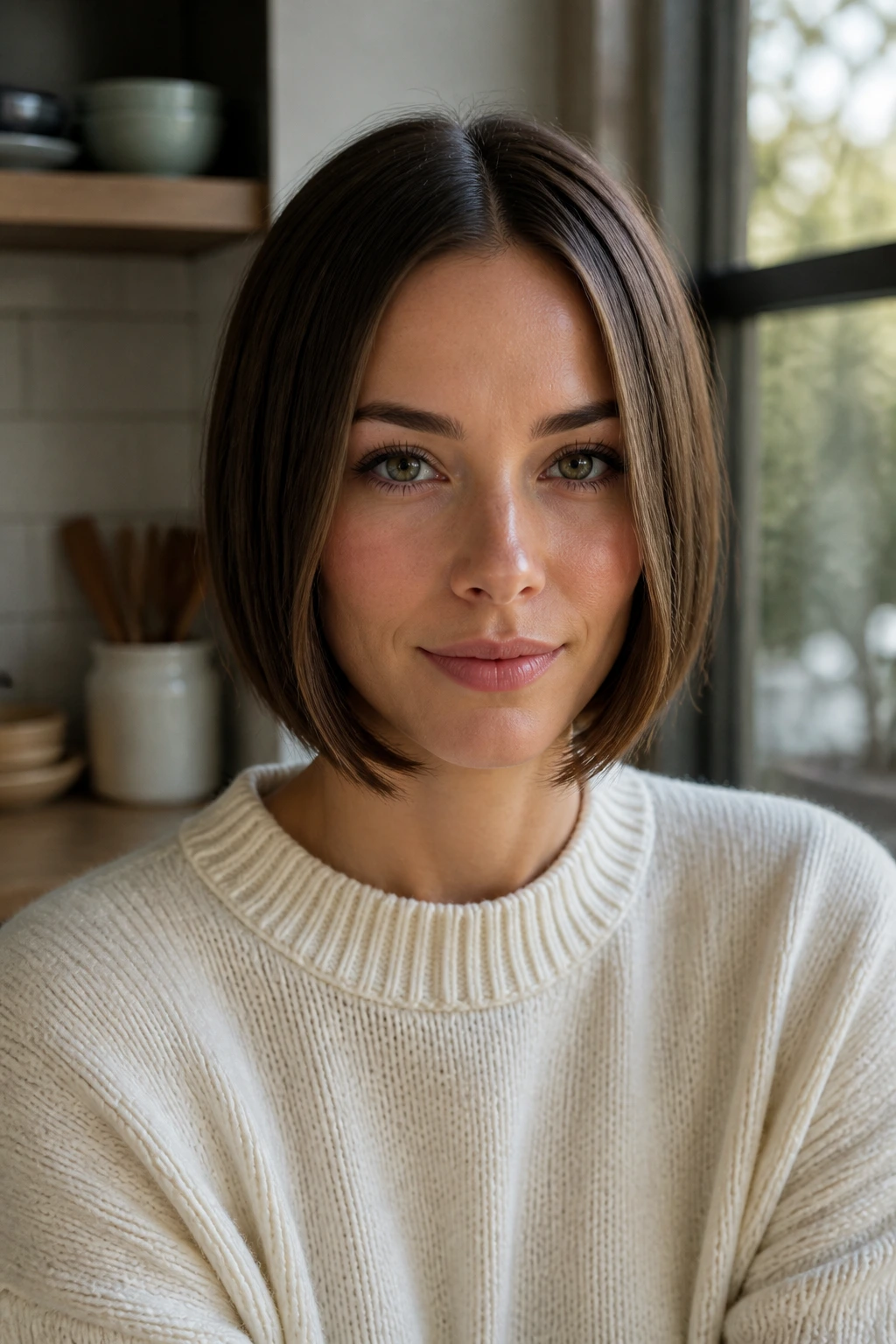 Close-up of a woman with a center-part face-frame sweep.