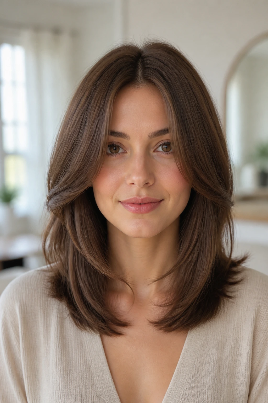 Real woman with center-part symmetry and balanced face framing.