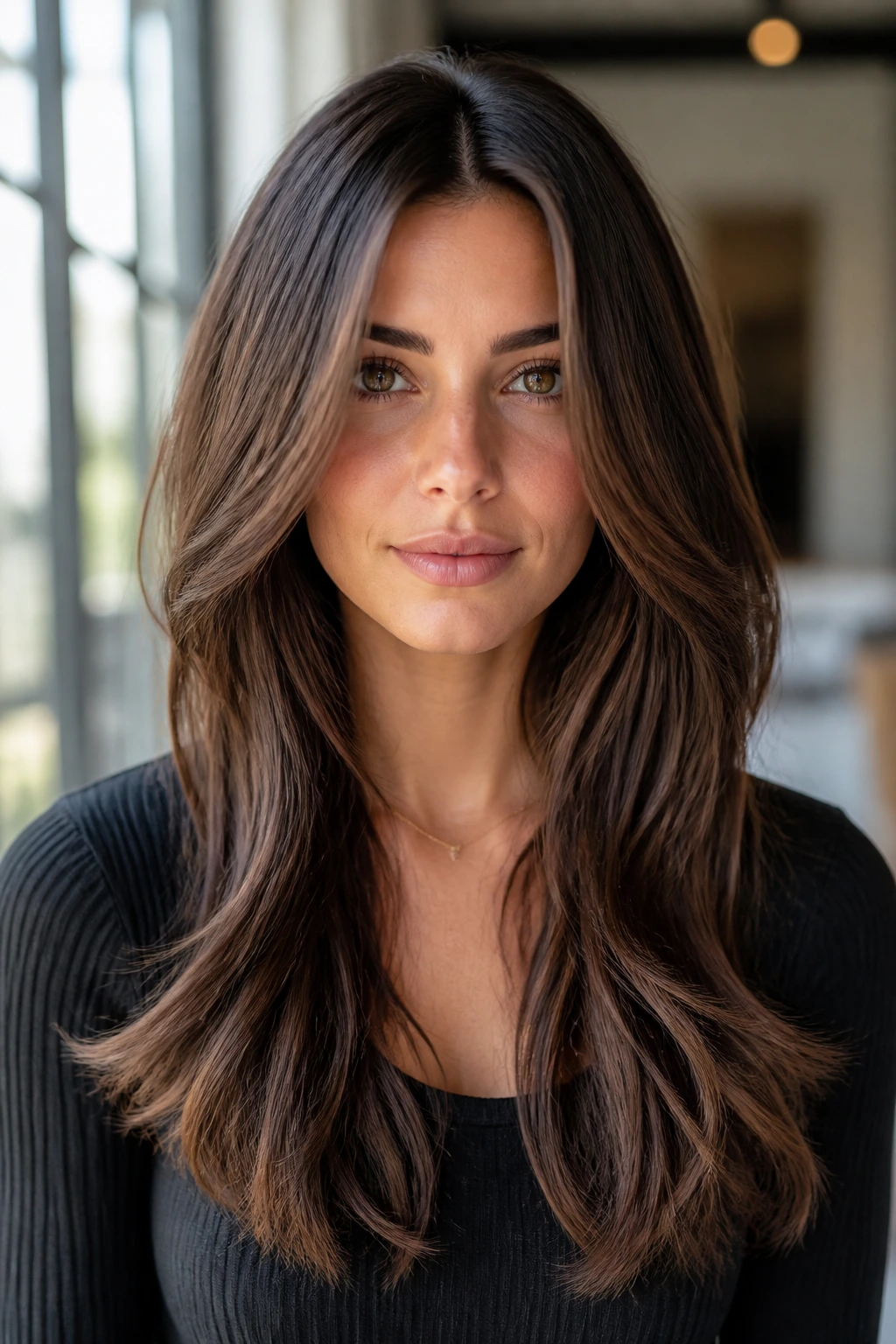 Close-up of a woman with center-part symmetry layers and balanced front pieces