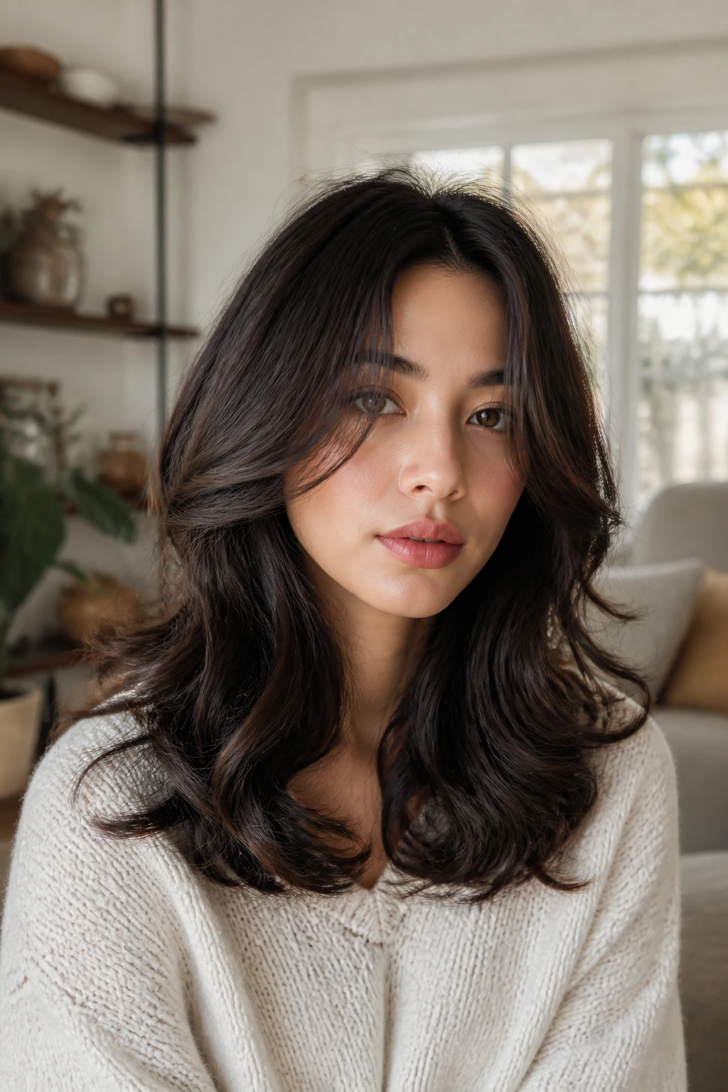 Portrait of a real person with a centered-part and thick mid-length curls.