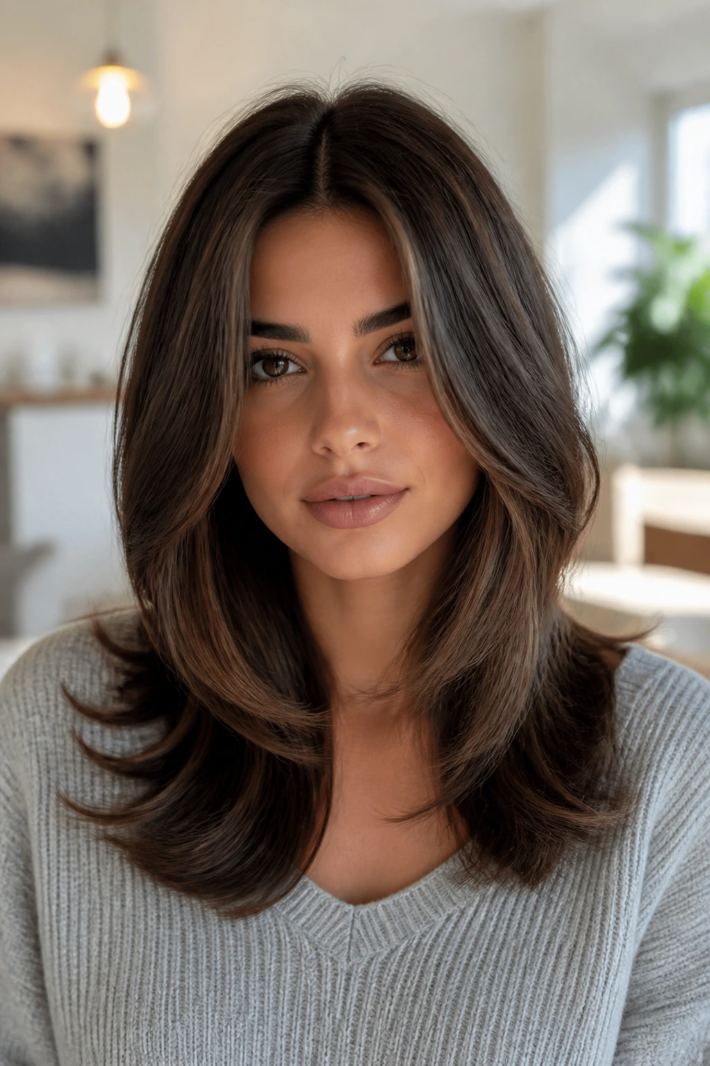 Real woman with center-parted thick hair and face-framing layers removing bulk