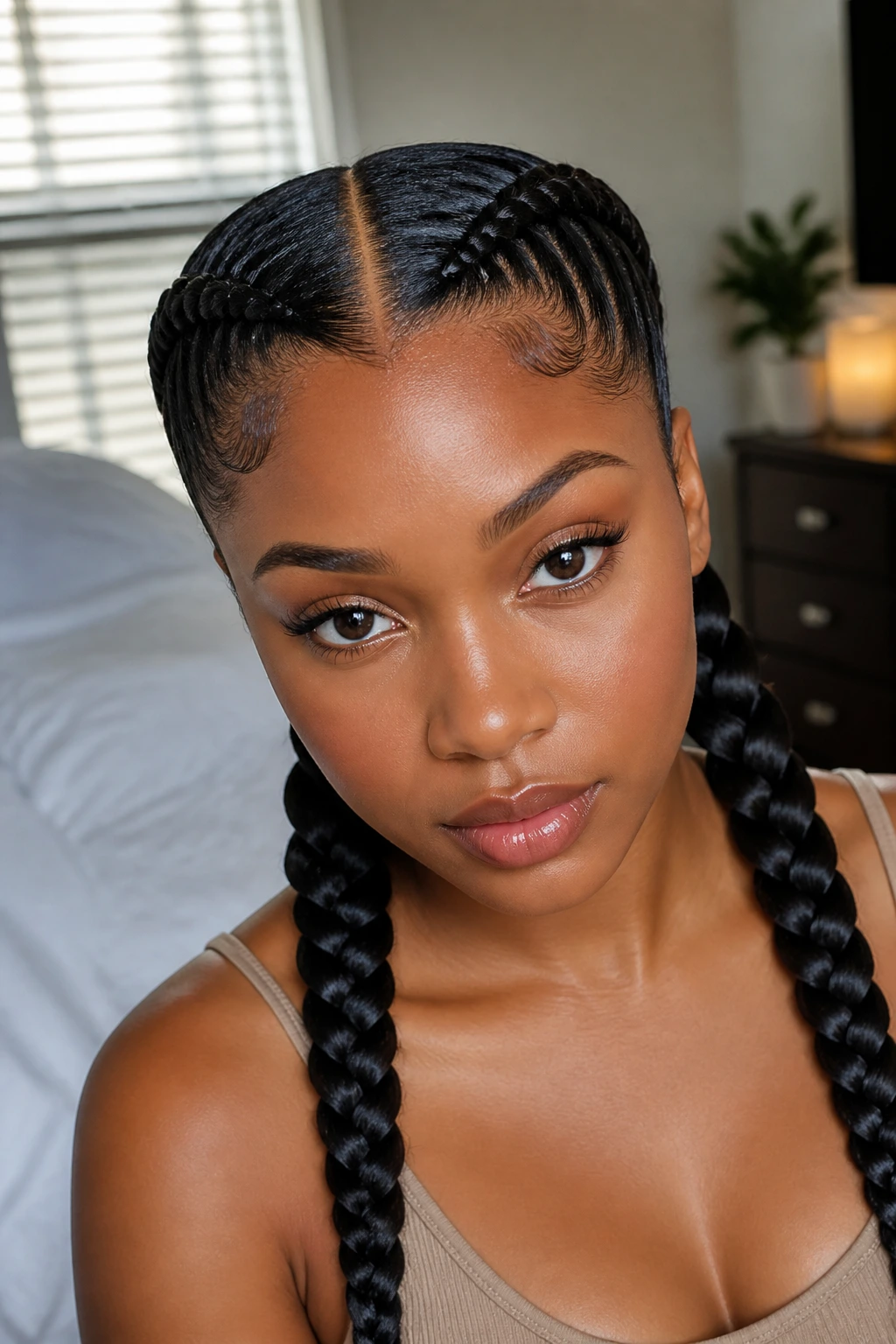 Close-up of a real person with center-part twin Dutch braids on the scalp