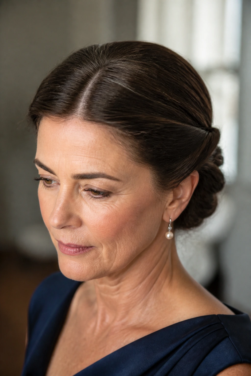 Portrait of a woman with minimalist center-part twist hairstyle
