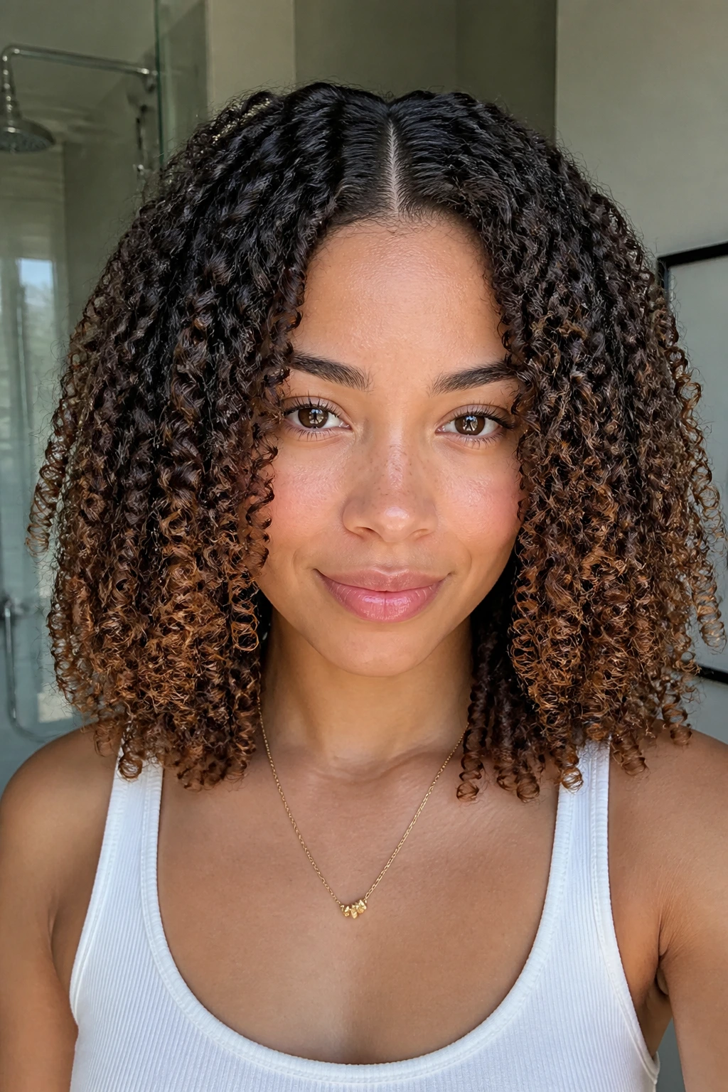 Close-up of a real woman with a defined center-part wash-and-go hairstyle and lifted crown.