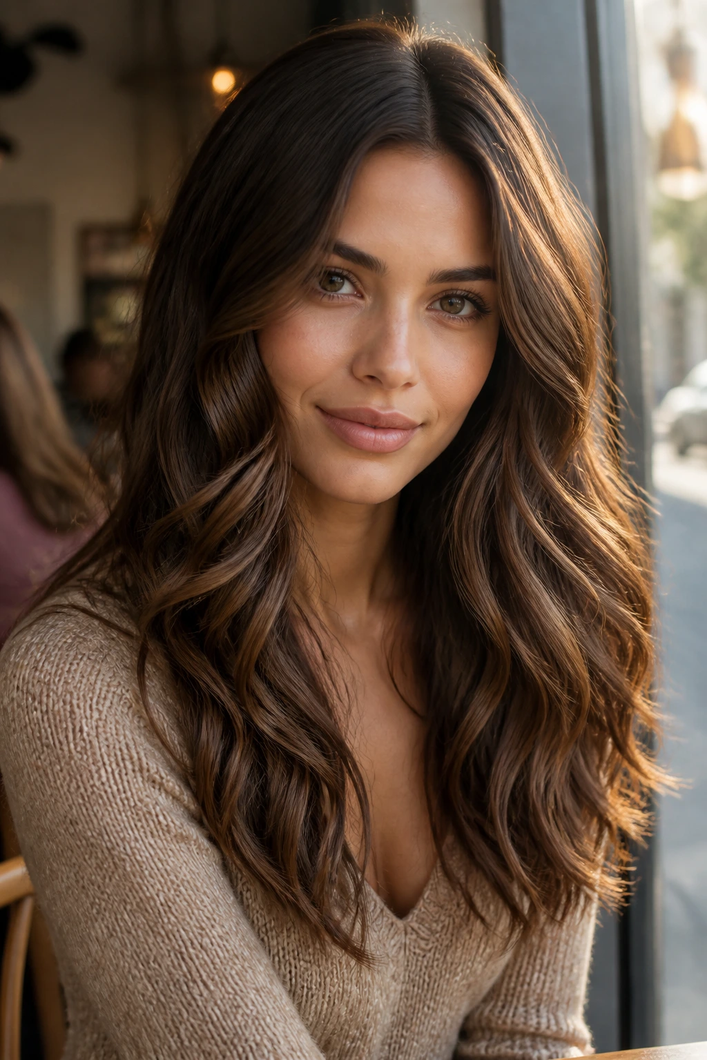 Close-up of a woman with center-part waterfall waves flowing over shoulders in warm light
