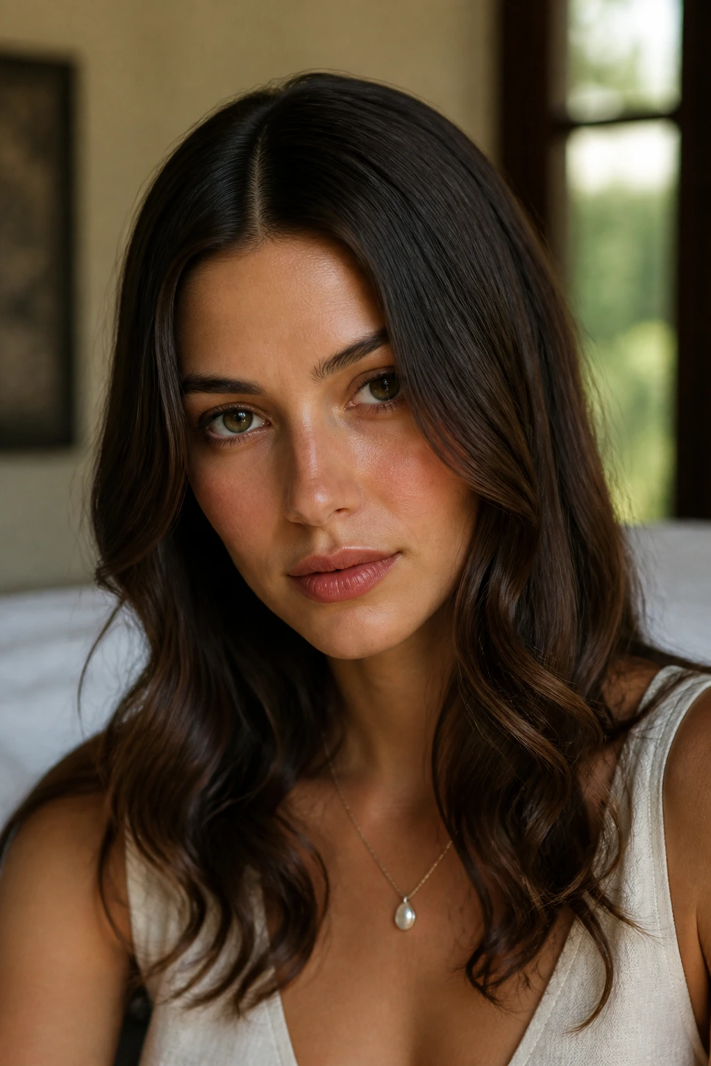 Brunette with center-part glossy waves under window light