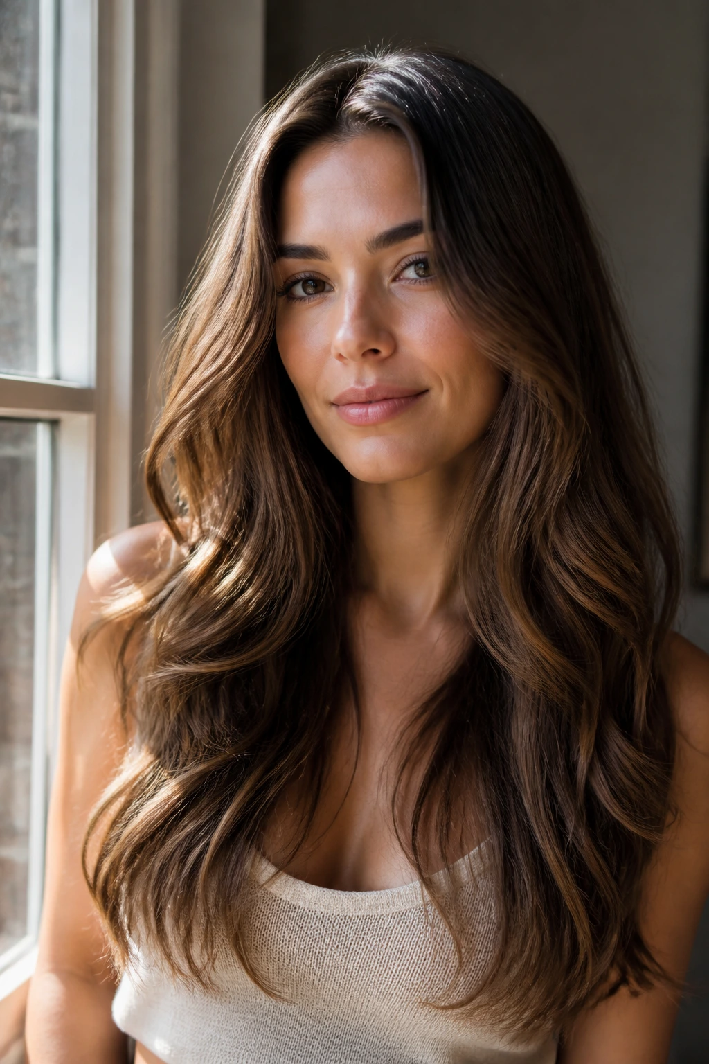 Real person with soft center-part waves and polished lengths.