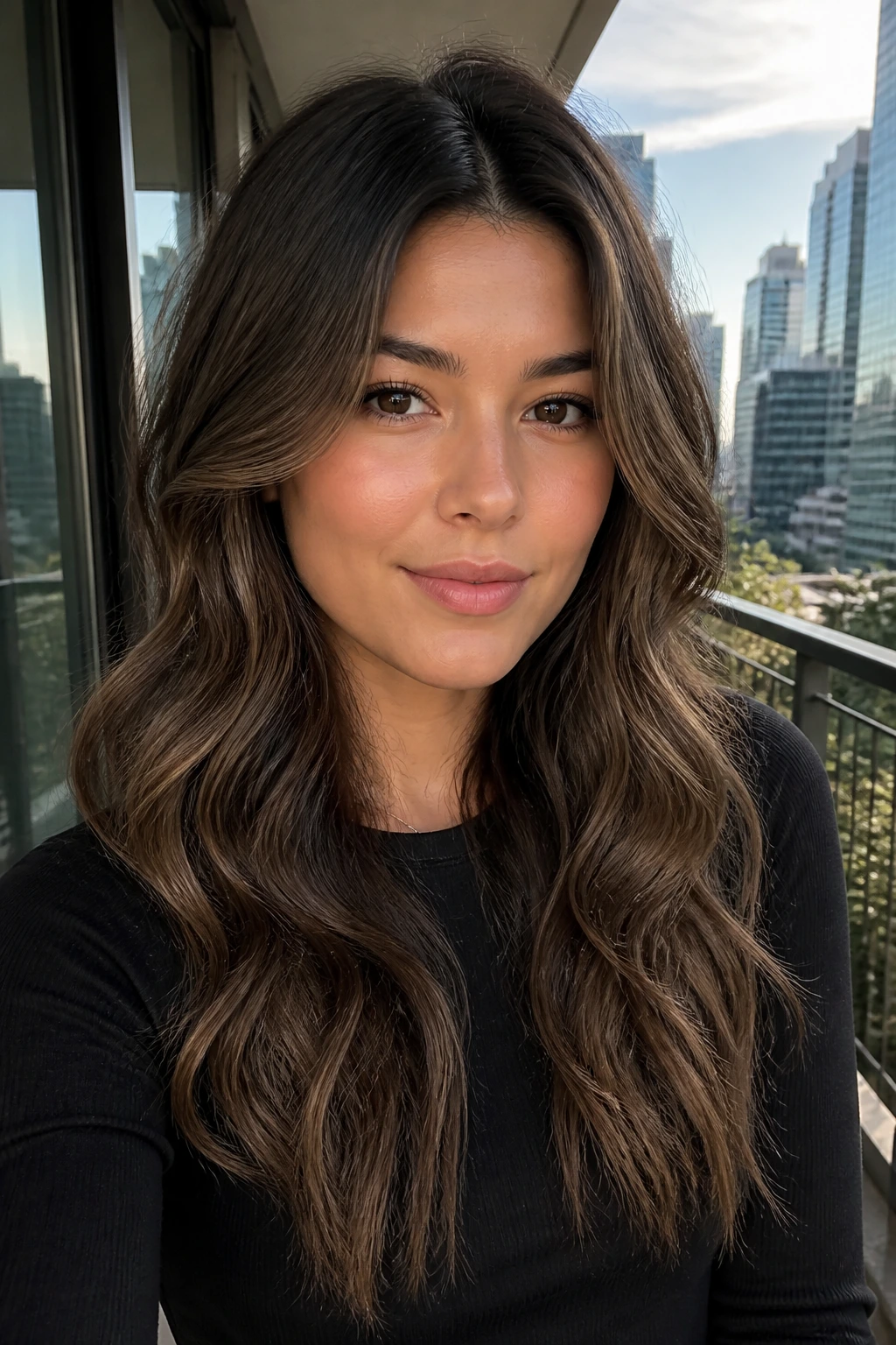 Real woman with center-part waves and crown volume on a city balcony.