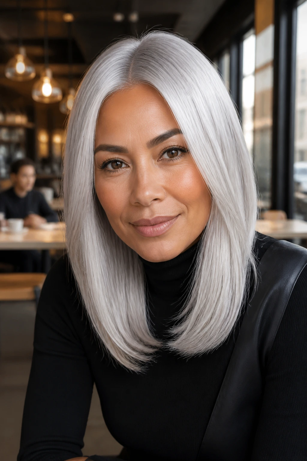Portrait of a person with center-parted white-silver hair in a stylish cafe setting.