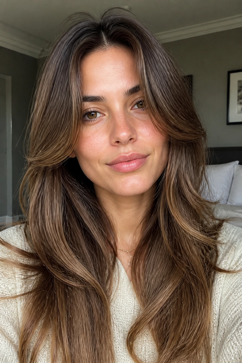Center-part wing layers hairstyle on real woman with winged layers framing cheeks in natural bedroom light