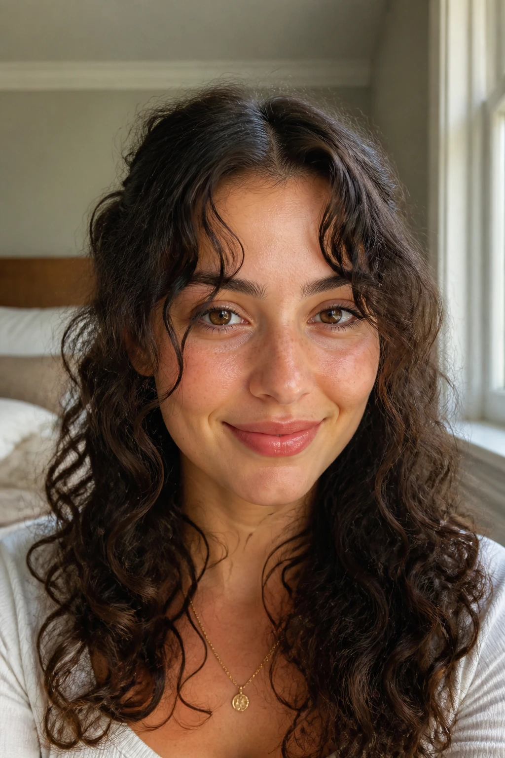 Center-part split into two wisps framing a real woman's face with curly hair