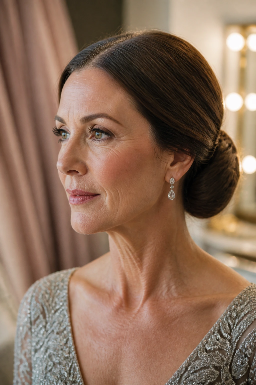 Real woman with center-part and wrapped bun viewed from three-quarter