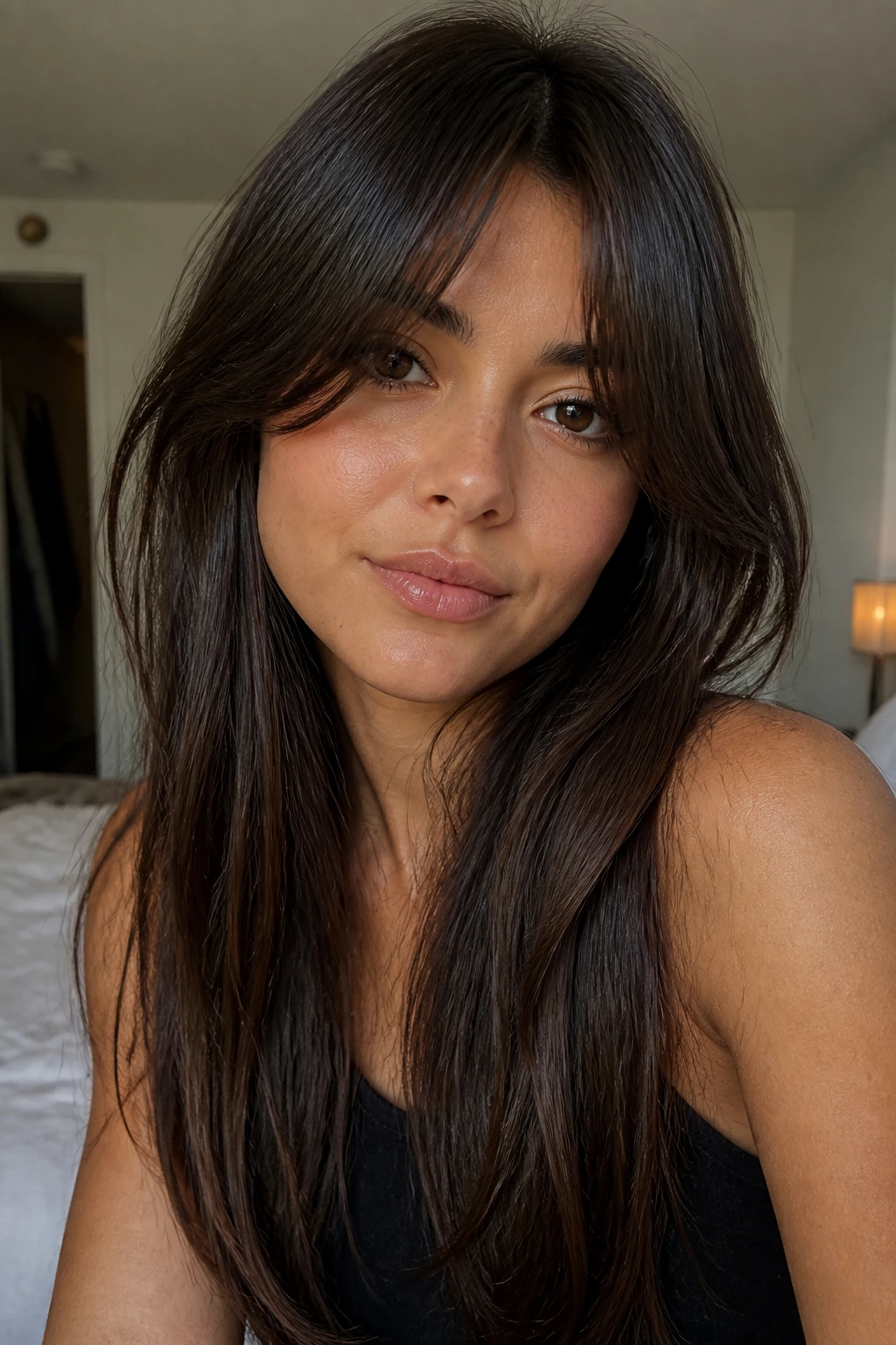 Close-up portrait of a woman with center-parted chunky bangs and long sides framing a round face.