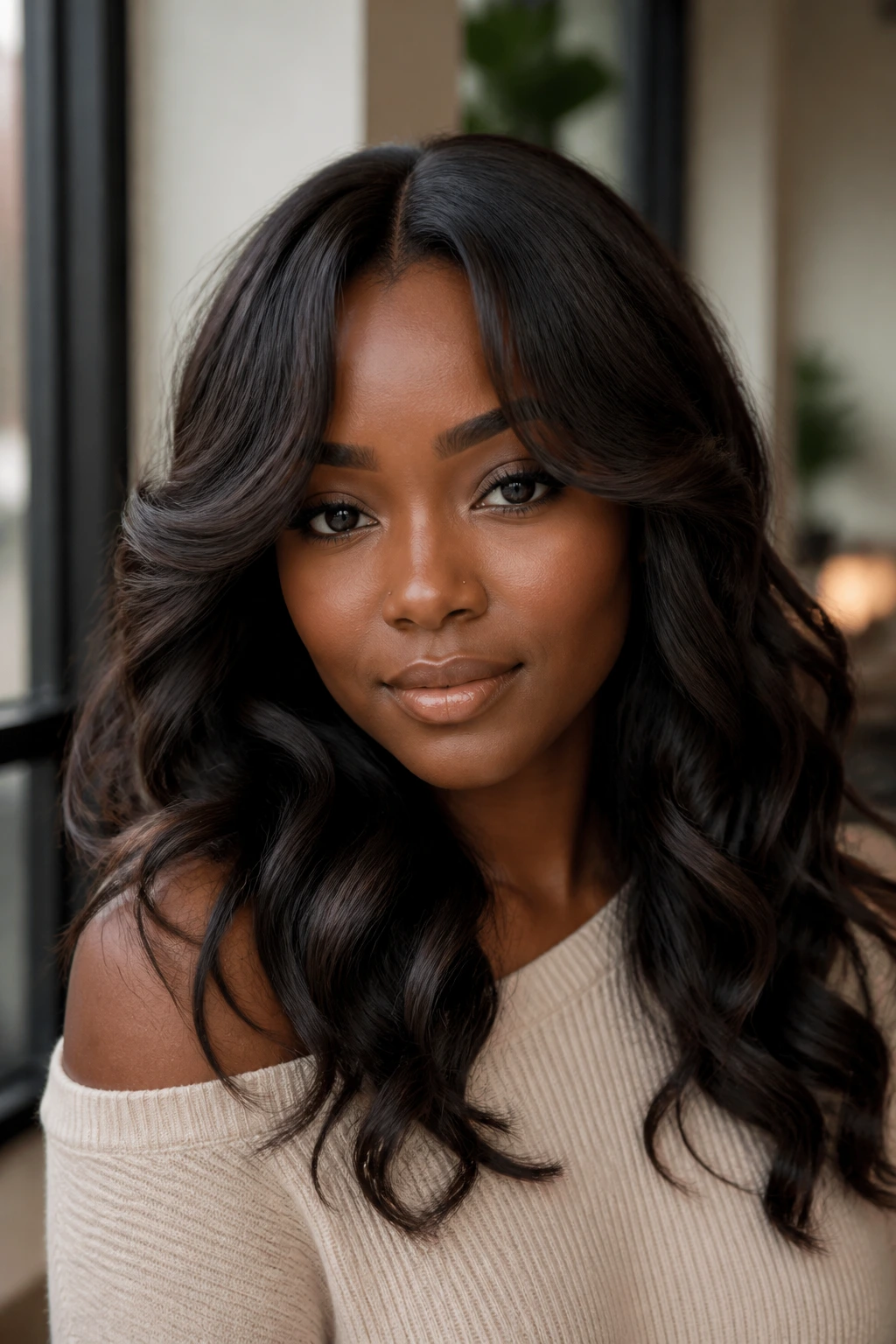 Portrait of a real woman with center-parted bangs and S-curve waves in natural light