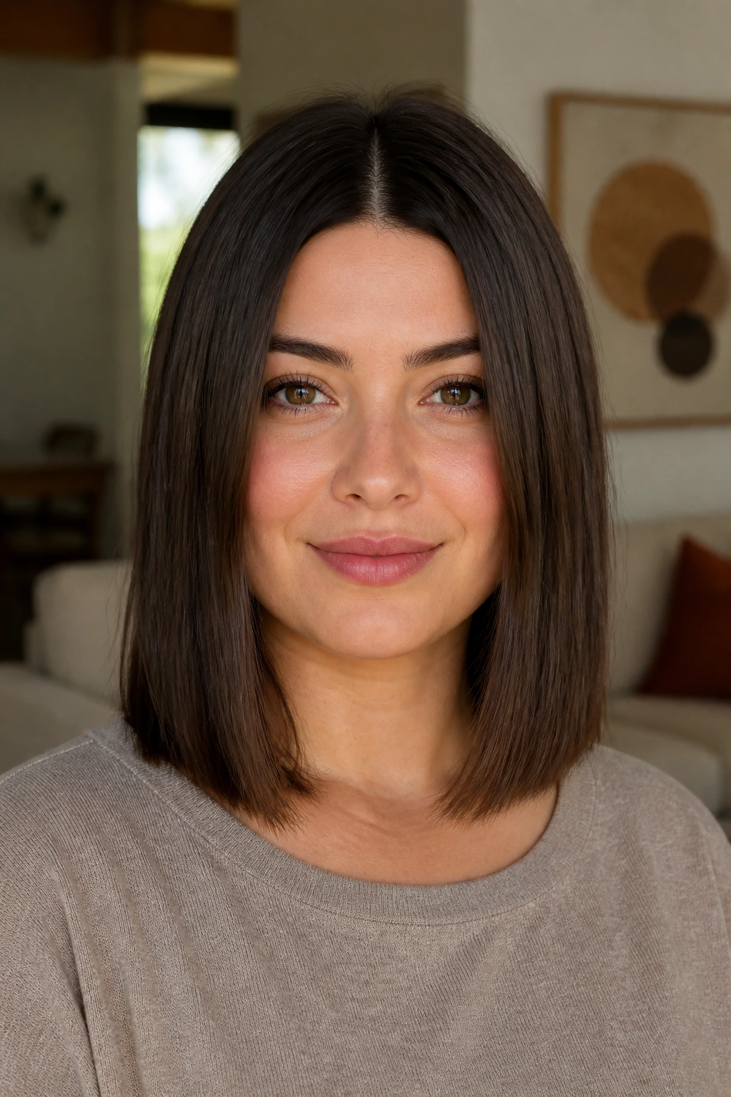 Portrait of a real woman with a center-parted blunt lob at collarbone in natural light