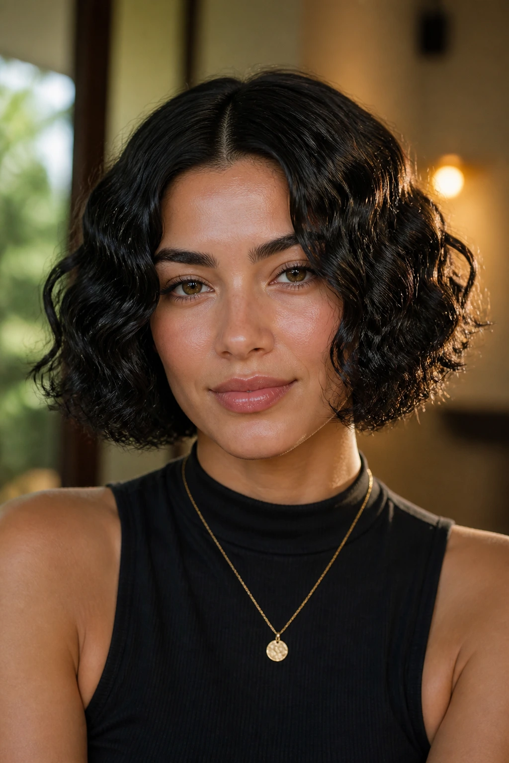 Close-up portrait of a real woman with a center-parted sculpted bob and thick curls