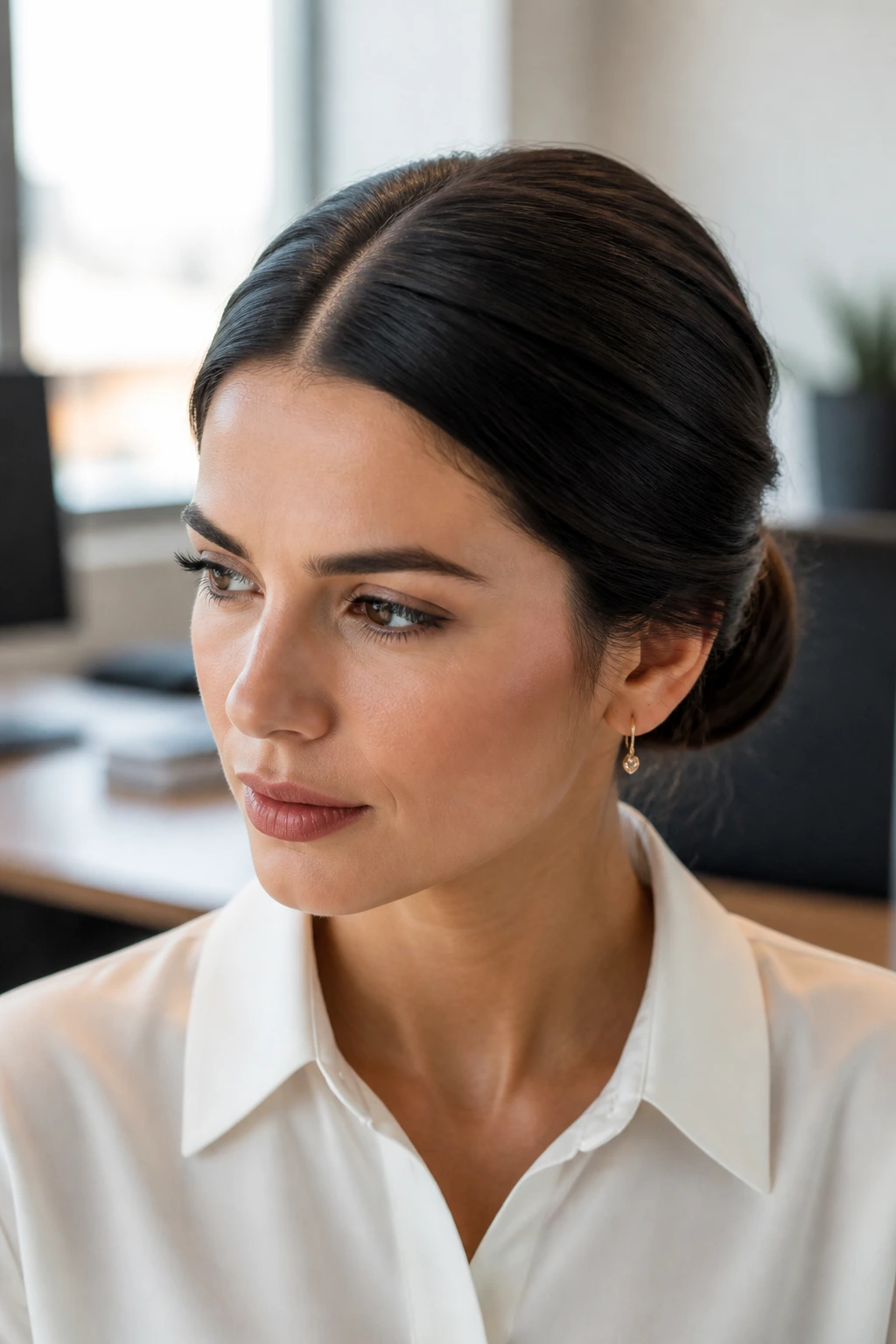 Close-up of a real woman with a center-parted bun and smooth crown in an office setting