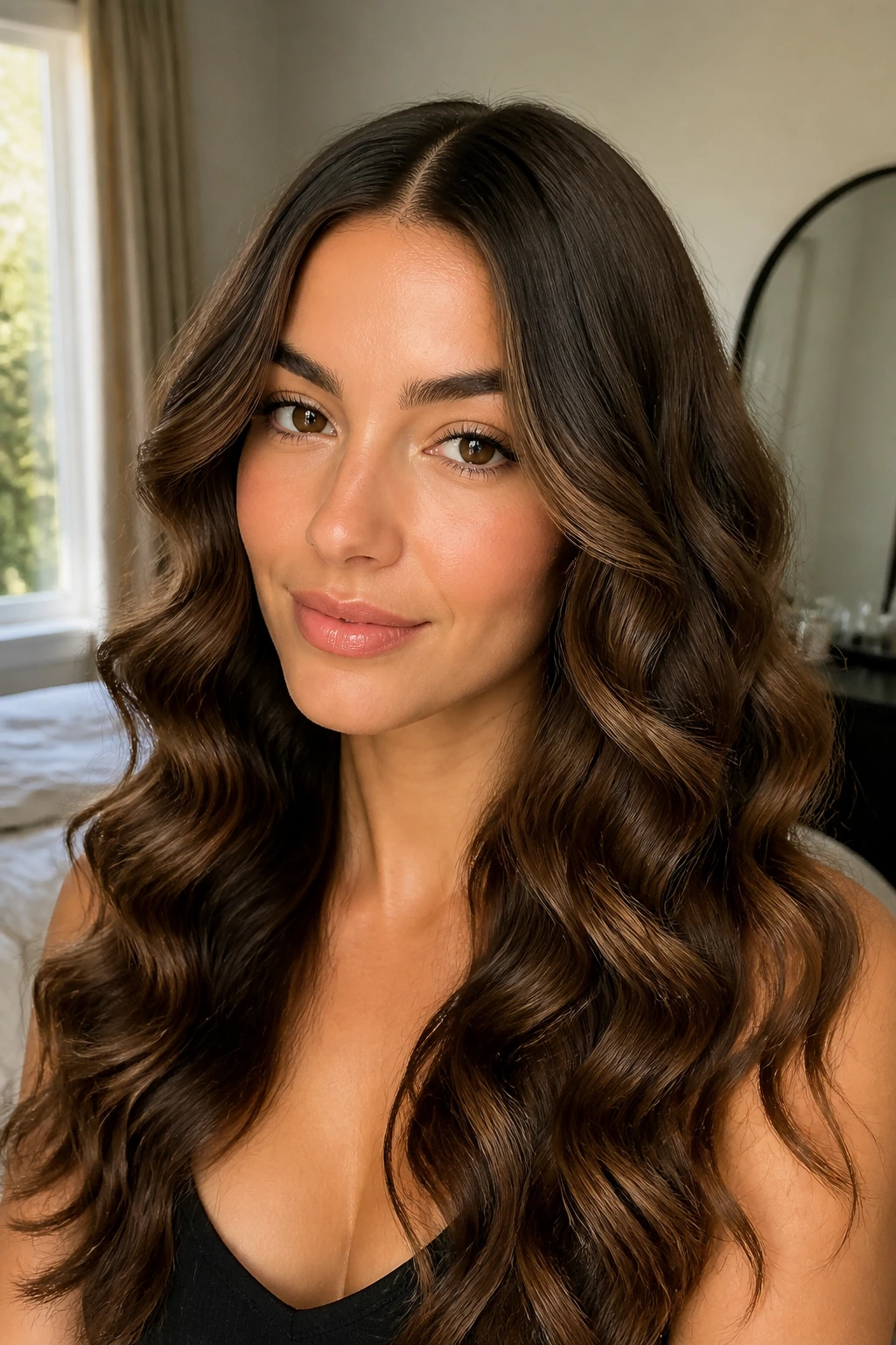 Close-up of a woman with a center-part and defined barrel curls framing the face.