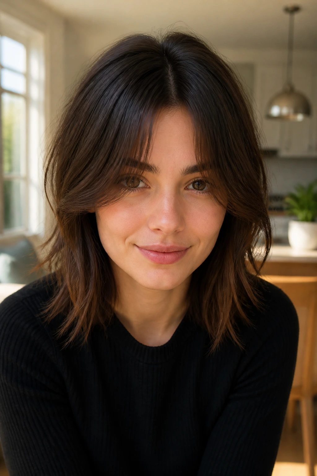 Close-up portrait of a real woman with a center-parted choppy curtain fringe