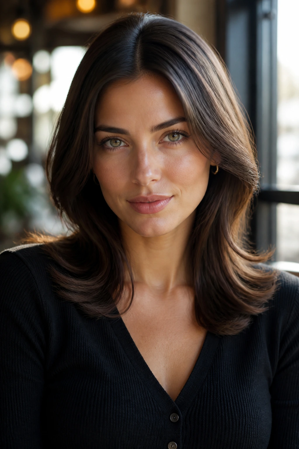 Close-up portrait of a real woman with center-parted hair and flicked-out ends