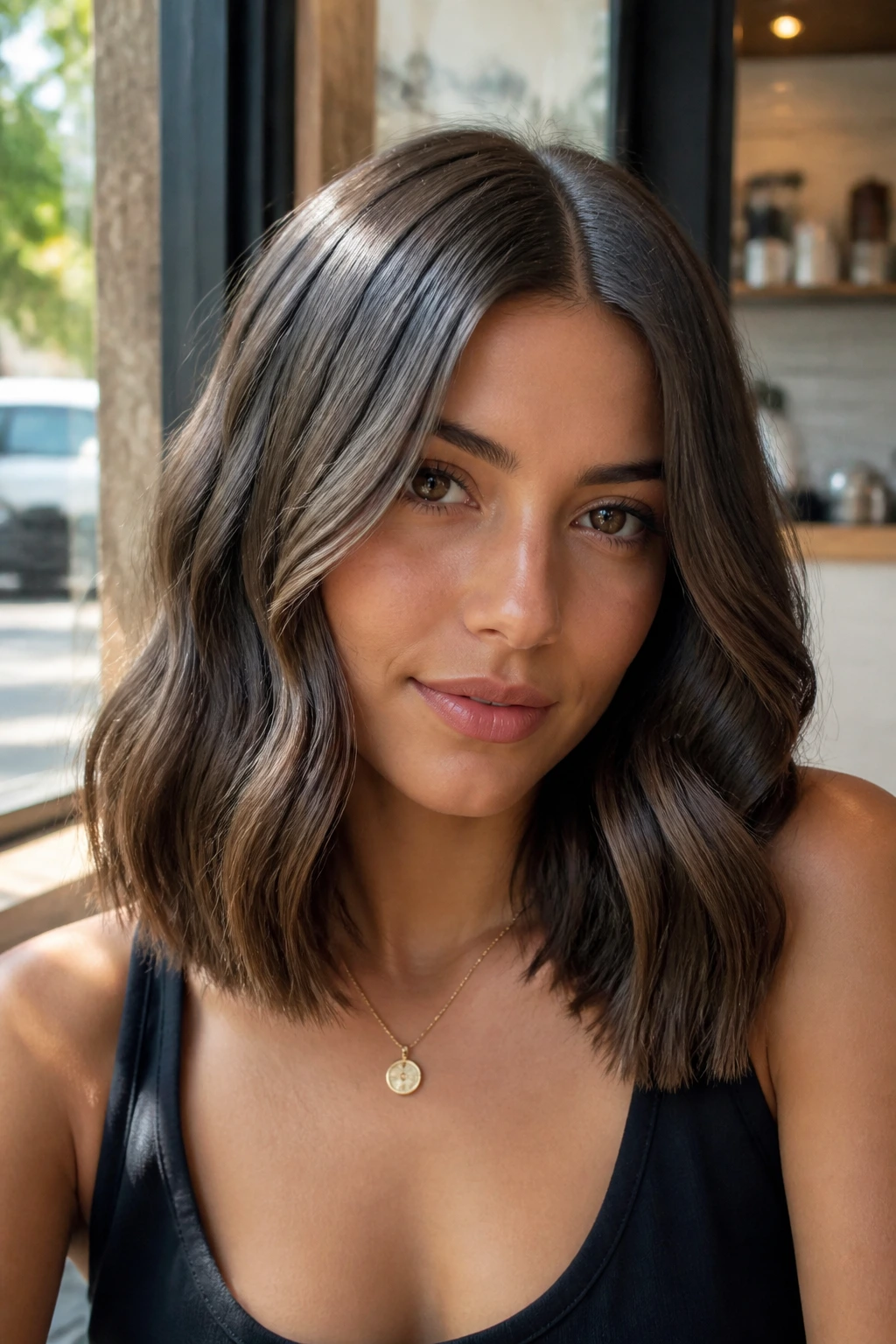 Close-up of a real person with center-parted glossy waves and blunt ends.