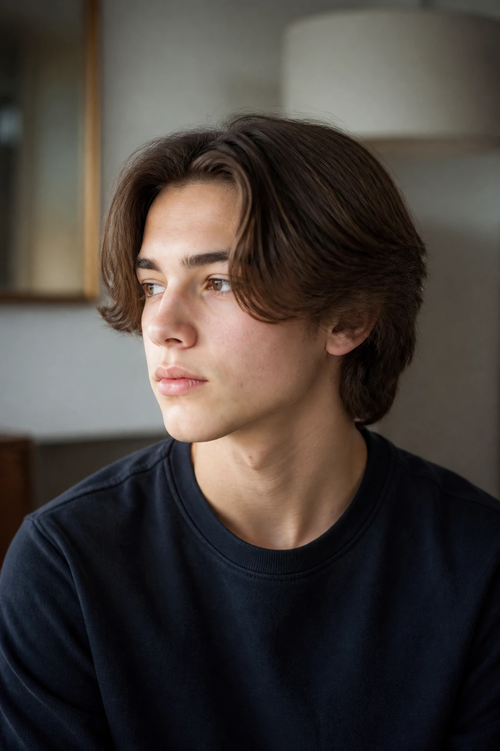 Head-and-shoulders portrait of boy with center-parted neck-length curtains