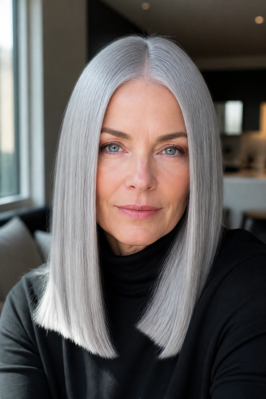 Real person with center-parted sleek silver hair in bright indoor setting