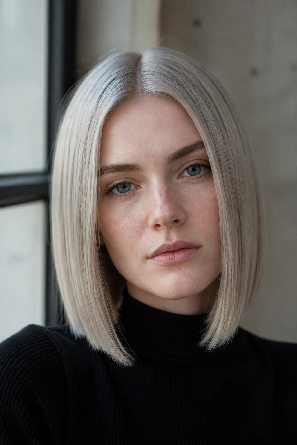 Portrait of a real person with center-parted sleek lob in steel blonde
