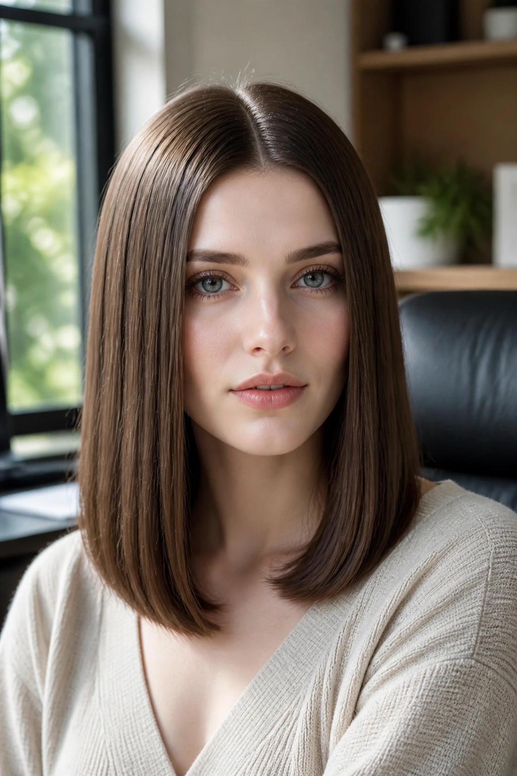 Close-up of center-parted sleek mid-length brunette hair on a real woman's pale skin under natural window light