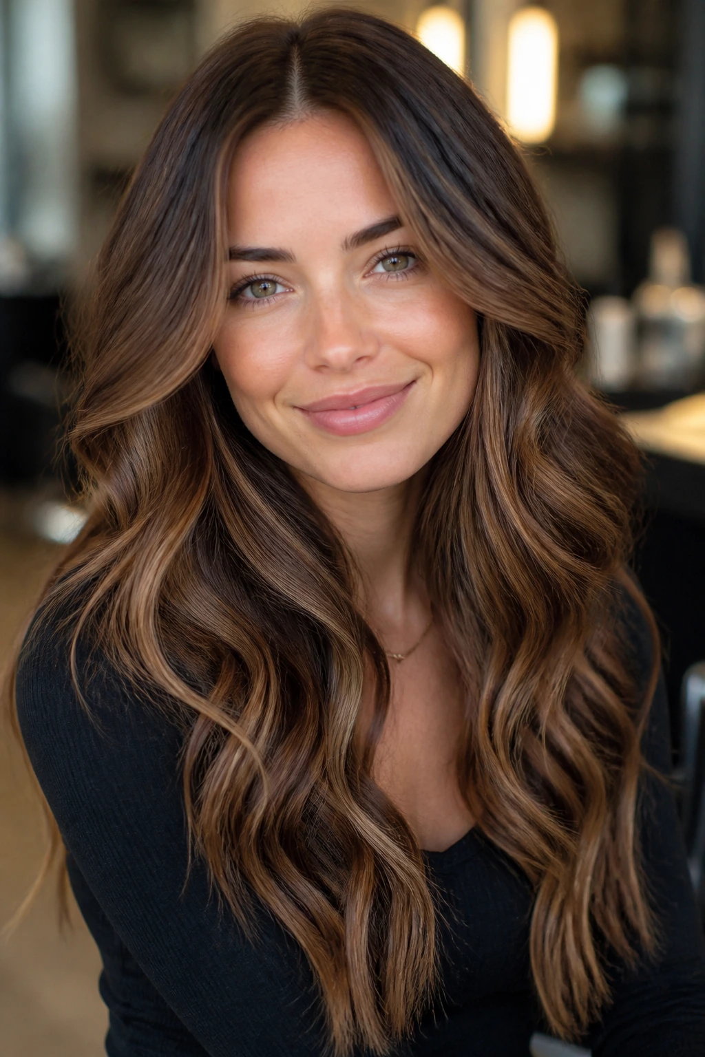 Center-parted chestnut hair with caramel babylights and soft waves on a real person.