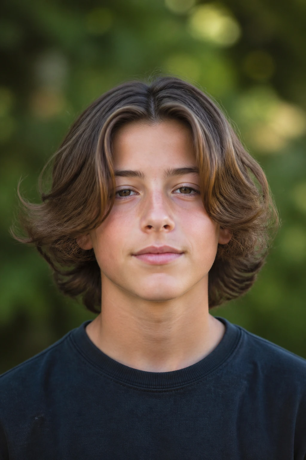 Boy with center-parted bro flow hairstyle portrait outdoors