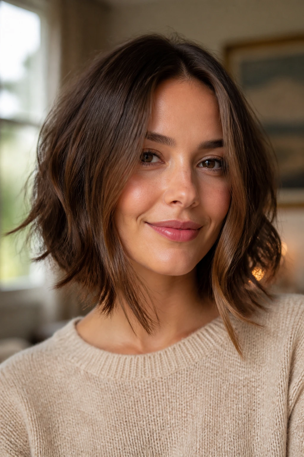 Close-up portrait of a real woman with center-slimming bob and center part