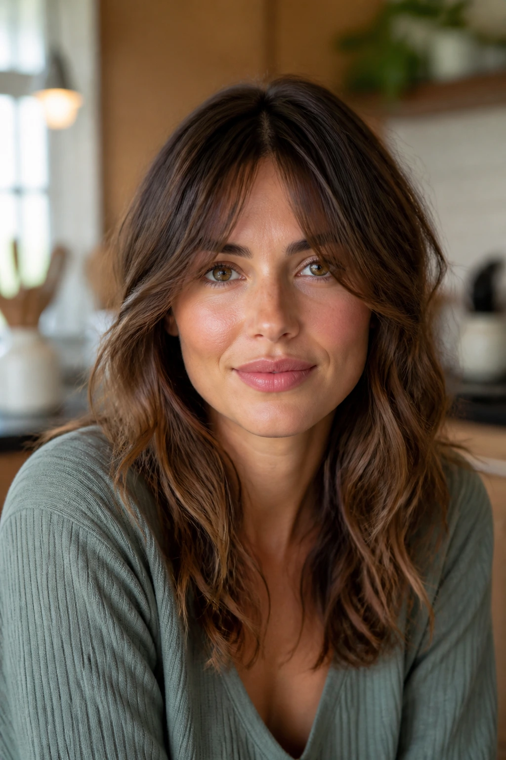 Close-up portrait of a real woman with center-soft split bangs