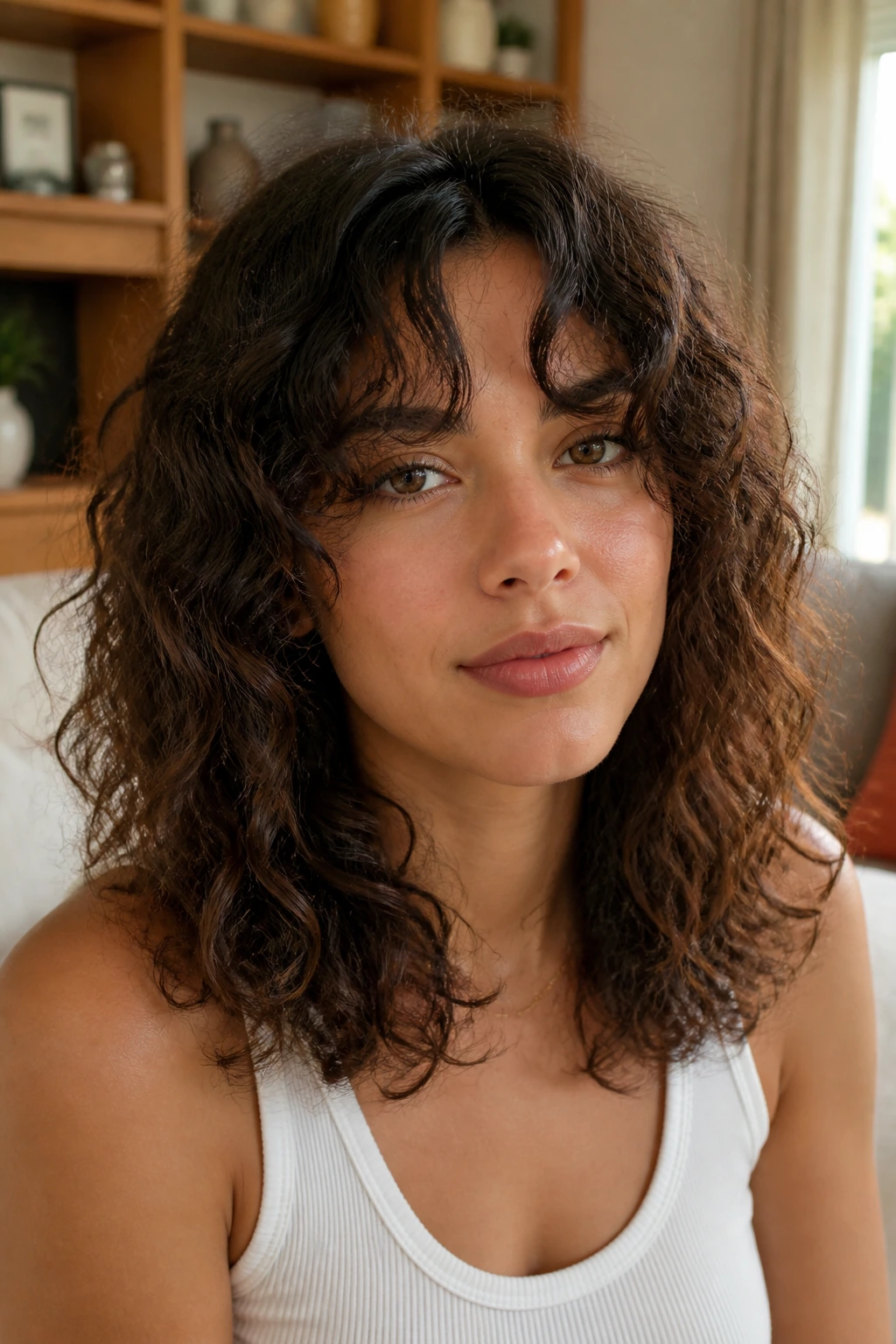 Close-up portrait of a real woman with center-split curtain bangs and collarbone-length curls.