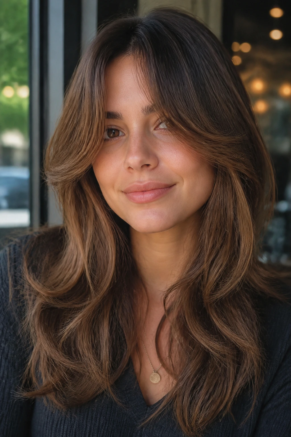 Woman with center-split bangs blending into layers under cafe window light.