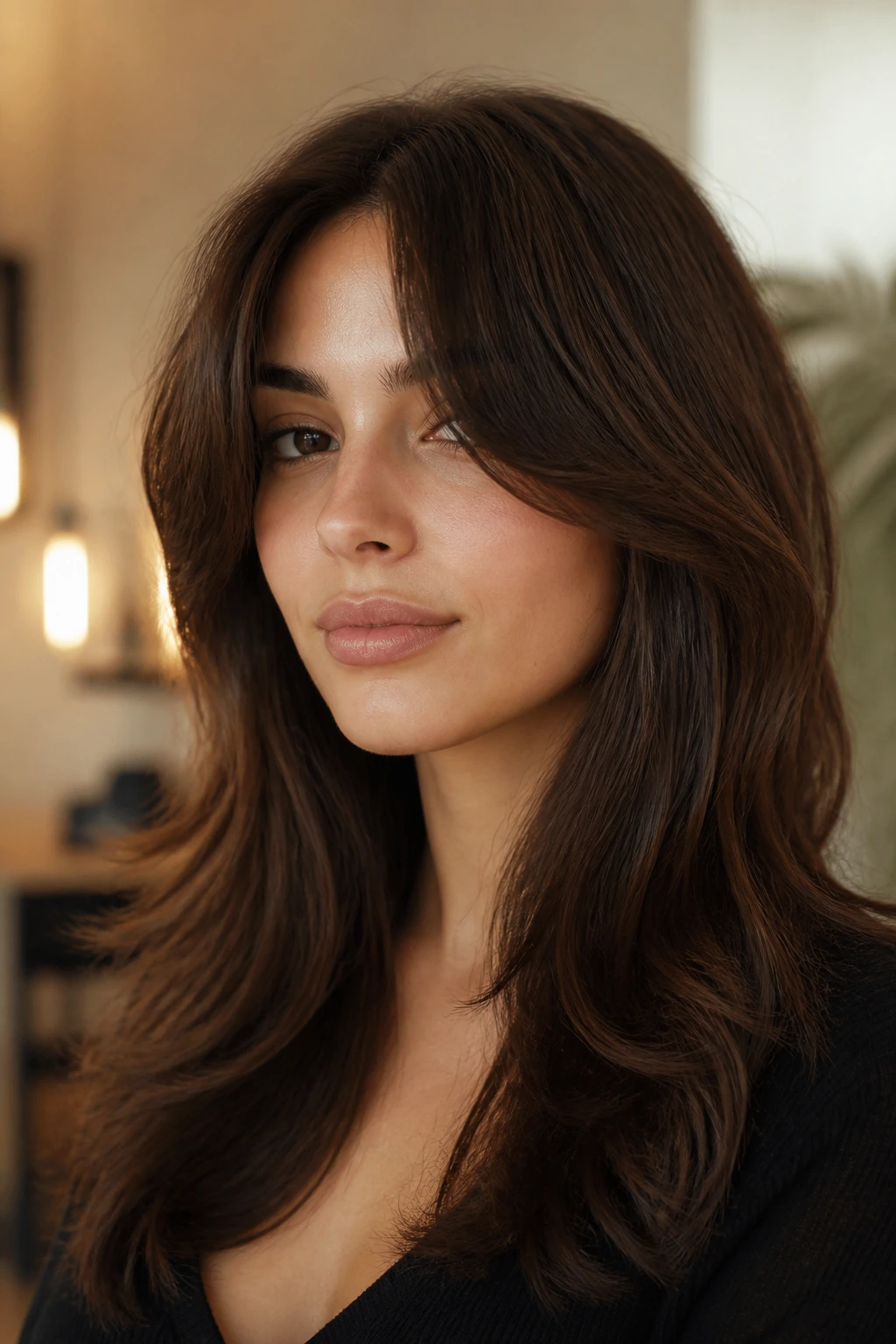 Close-up portrait of a real person with heavy center-split curtain bangs and long wings