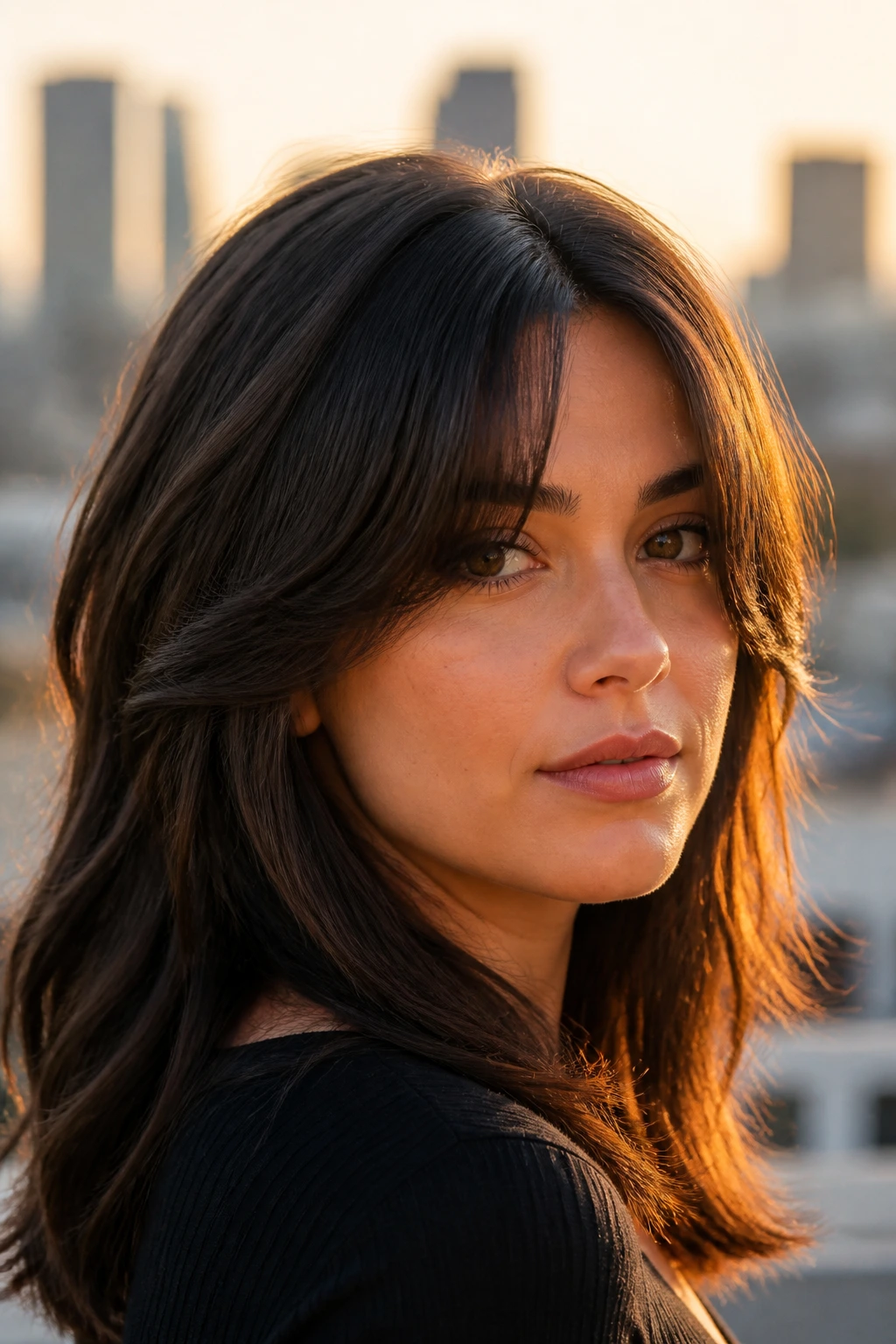 Close-up portrait of a real woman with center-split curtain bangs and side-swept ends in warm light