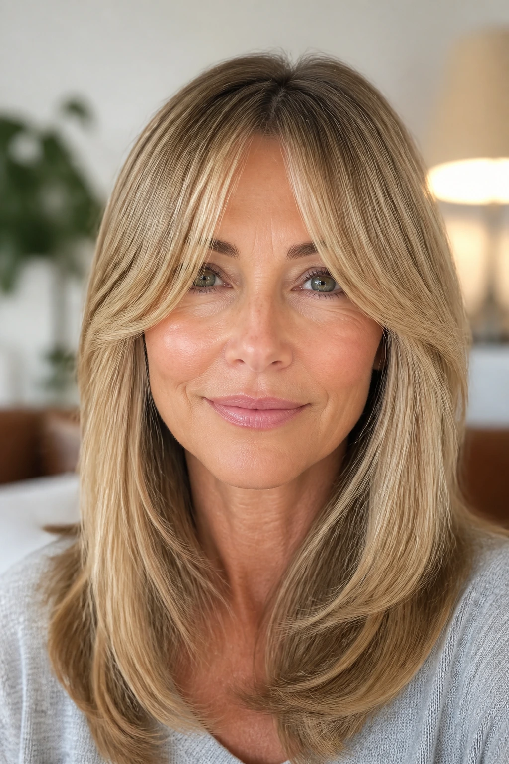 Close-up portrait of a real woman with a center-split soft curtain fringe