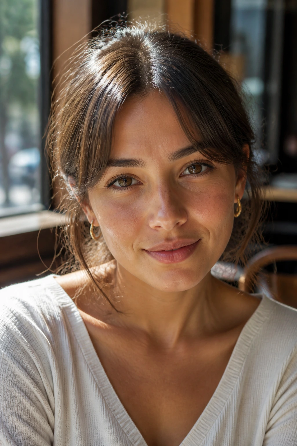 Close-up of a real woman with a center-split short fringe in a cafe window scene