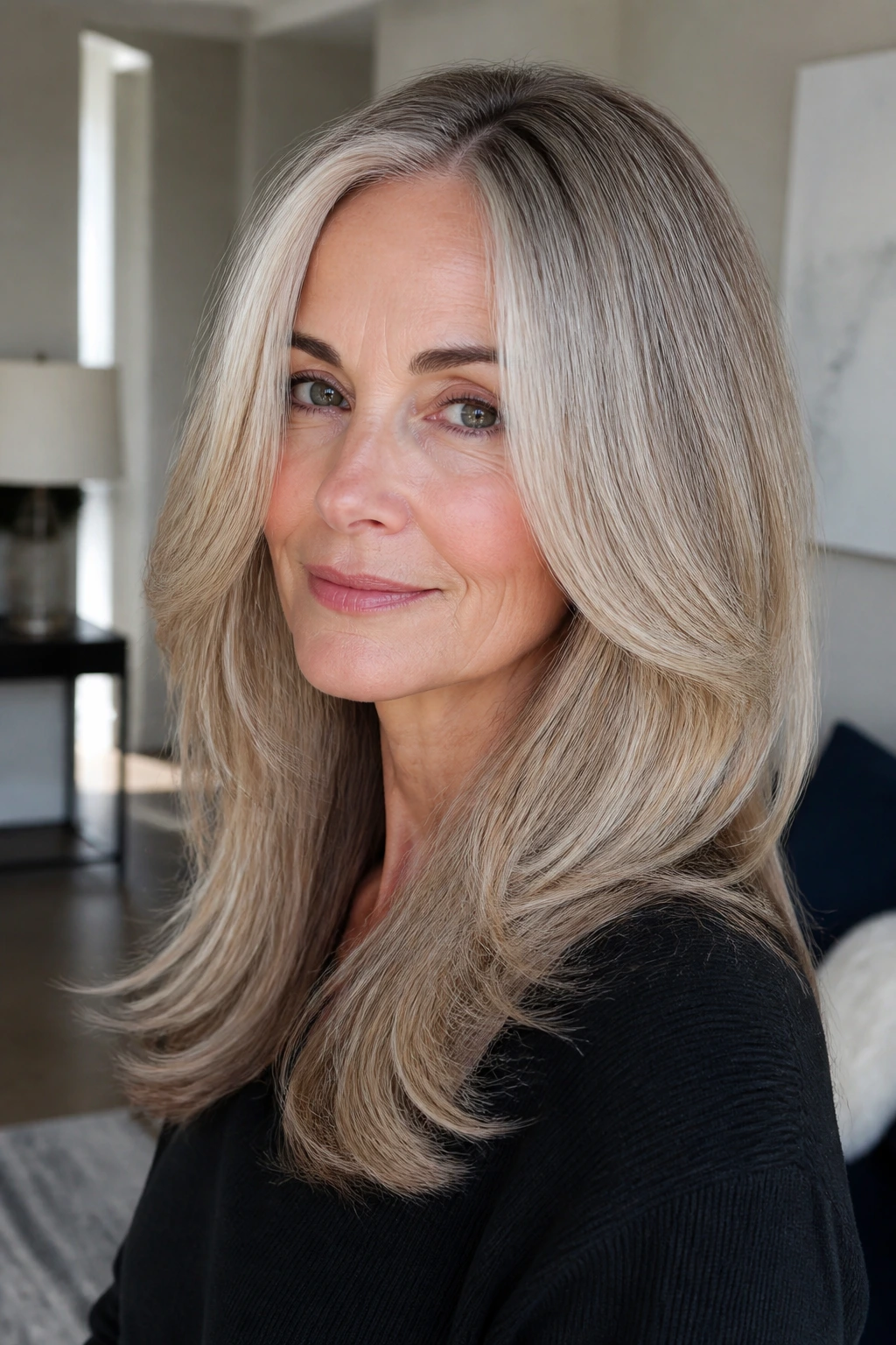 Portrait of a woman with center-parted hair and fuller ends