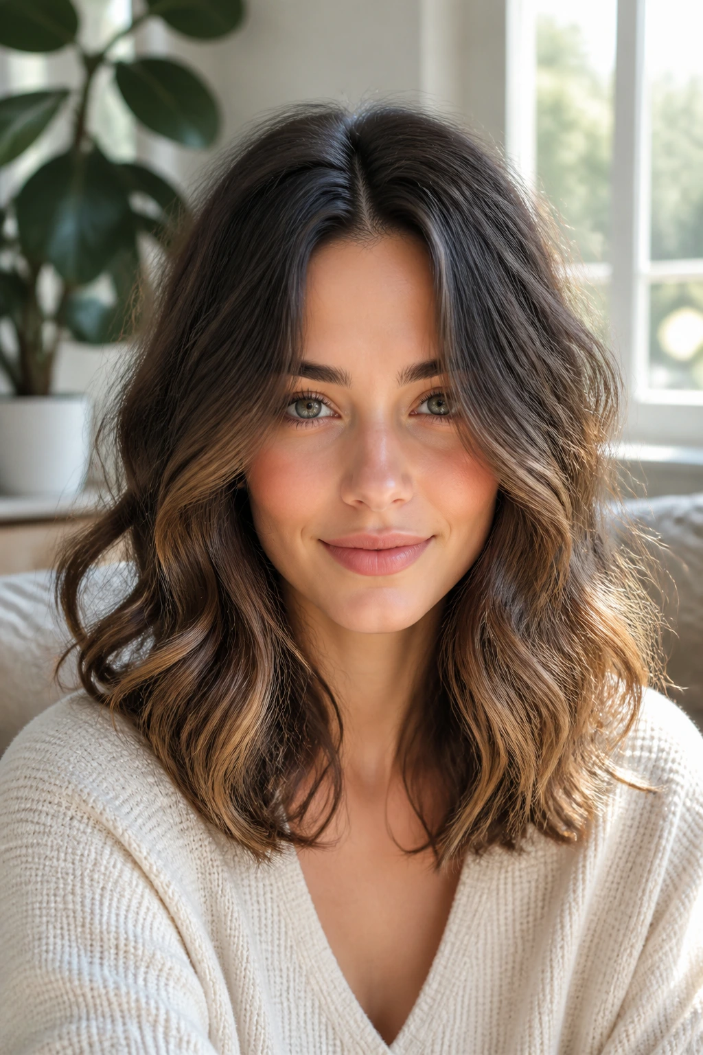 Close-up of a real woman with center-parted tousled midi waves