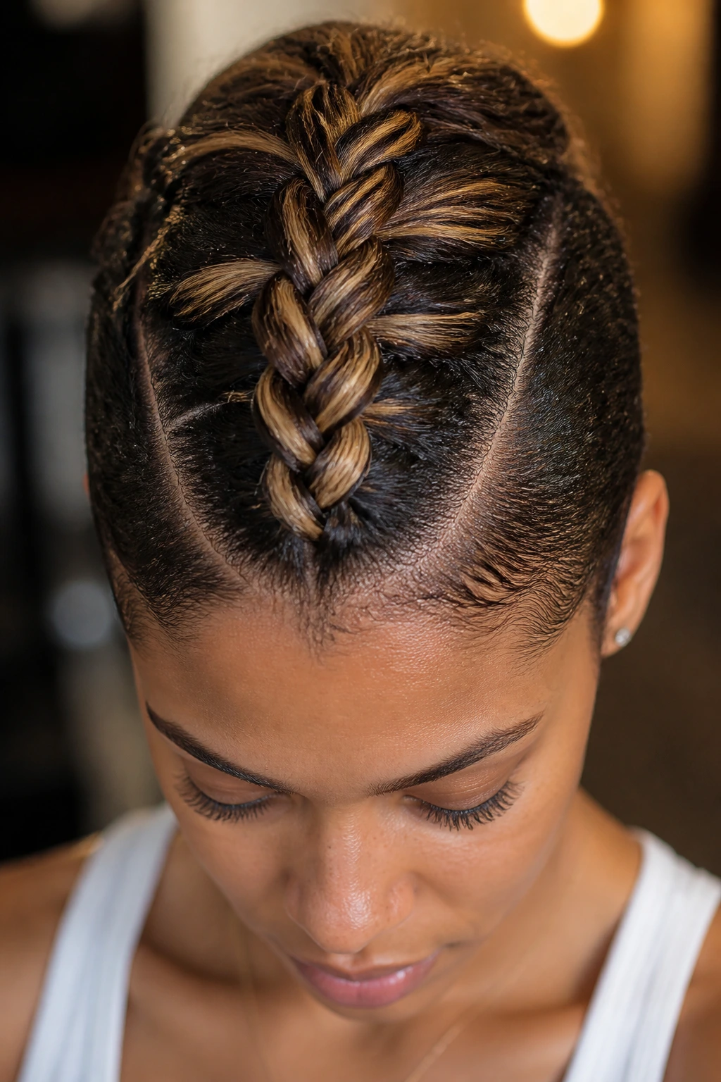 Close-up of a real person with a central Mohawk Dutch braid