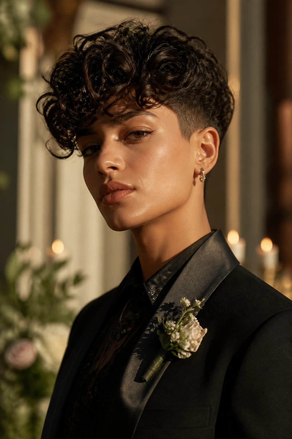 Portrait of person with elegant curly haircut in formal wear for ceremony